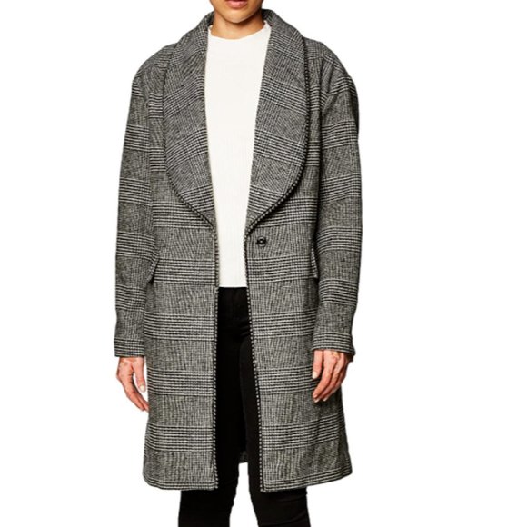 GUESS Women's Plaid Wool Coat with Pearl Trim and Faux Leather Details Large - Picture 1 of 12